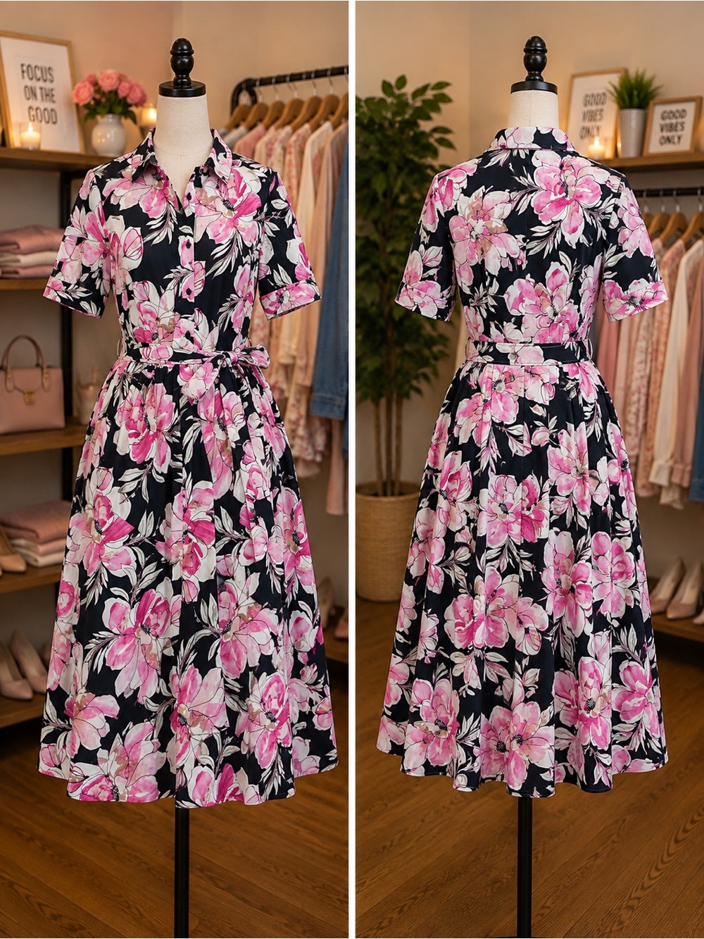 DKNY Floral Shirtwaist Midi Dress in Pink DD6A3120